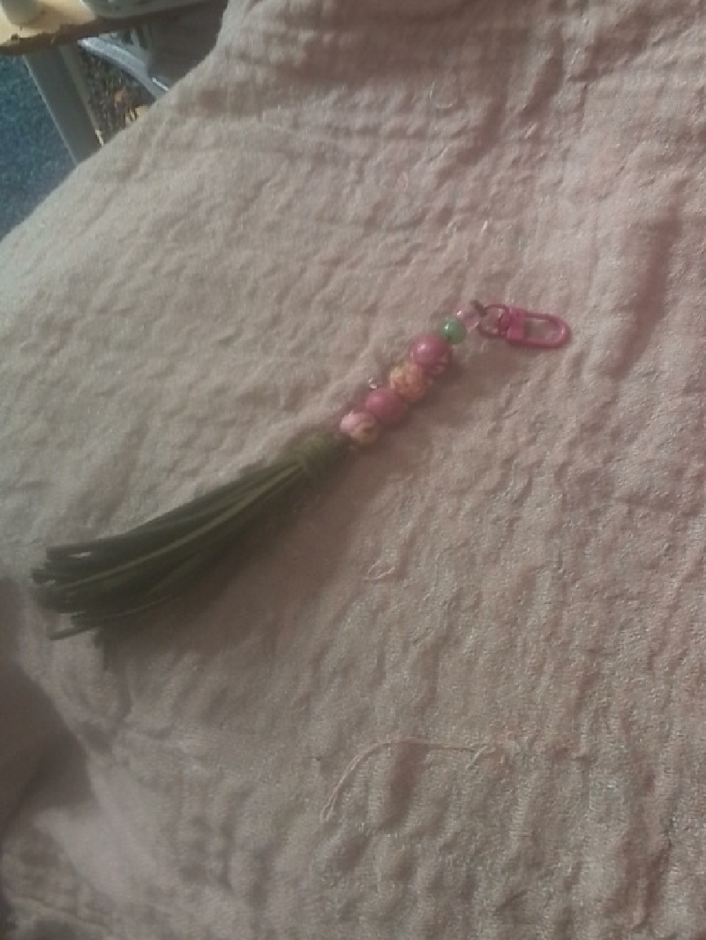 Hand Crafted Pink and Green Beaded Tassel Key Holder